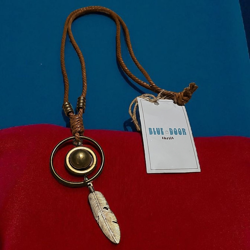 Gold and Brown Bold Feather Pendant Corded Necklace
